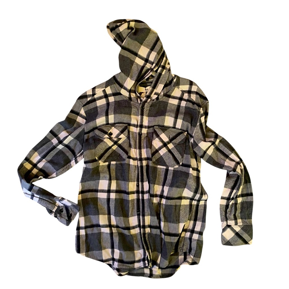 TNA Black Grey Plaid Flannel Hoodie Shacket Buttondown M